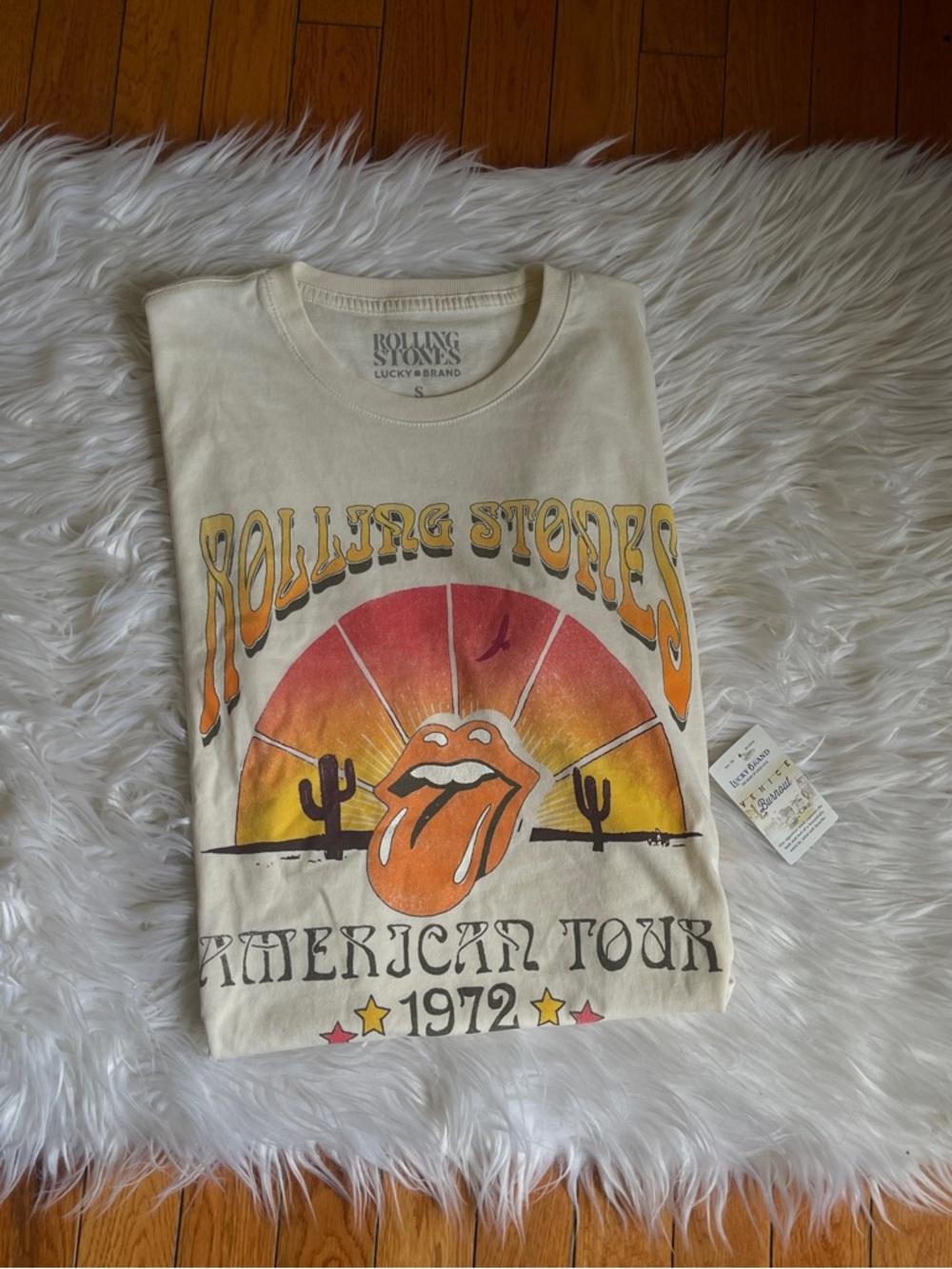 Lucky Brand Cream Graphic Tee with Orange & Yellow Rolling Stones 1972